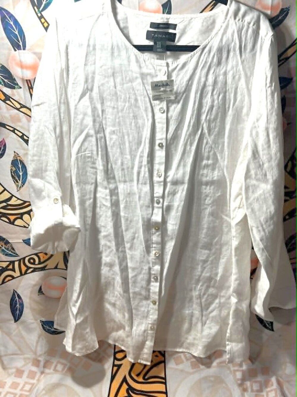 Tahari 100% Linen White Button‑Front Shirt (1X)